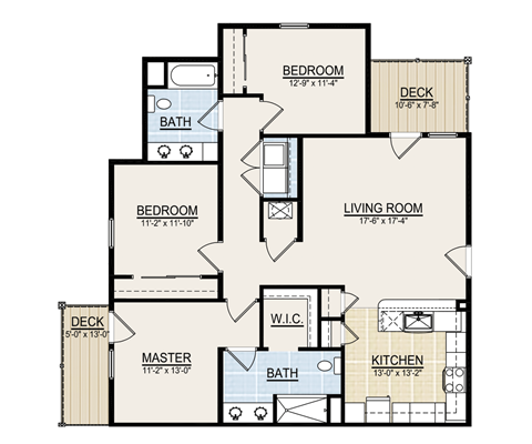 Floor plan for 3 beds, 2 baths, 1265 sqft